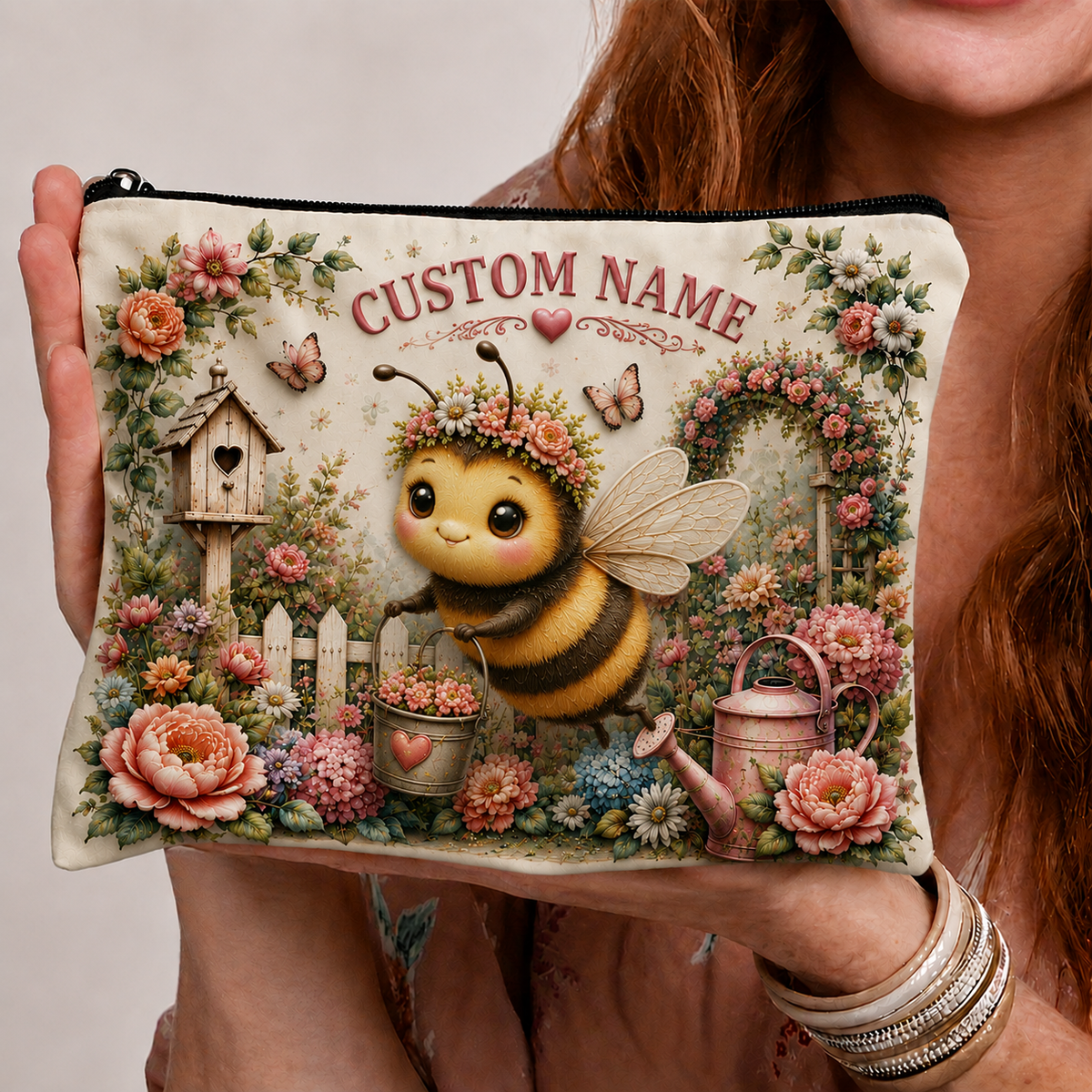 🌸Personalized Garden Animal Embossed  – Custom Name Floral Zipper Bag