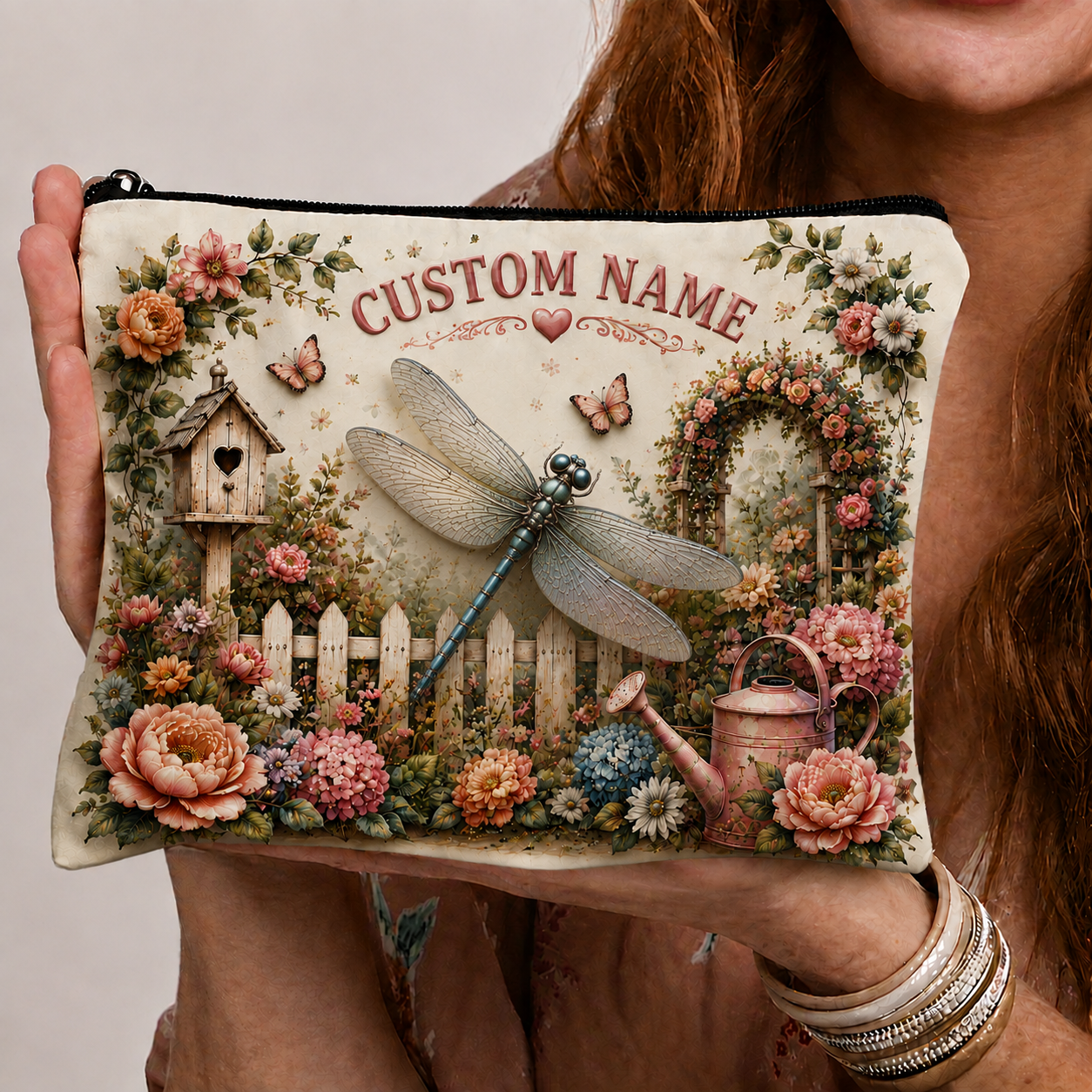 🌸Personalized Garden Animal Embossed  – Custom Name Floral Zipper Bag