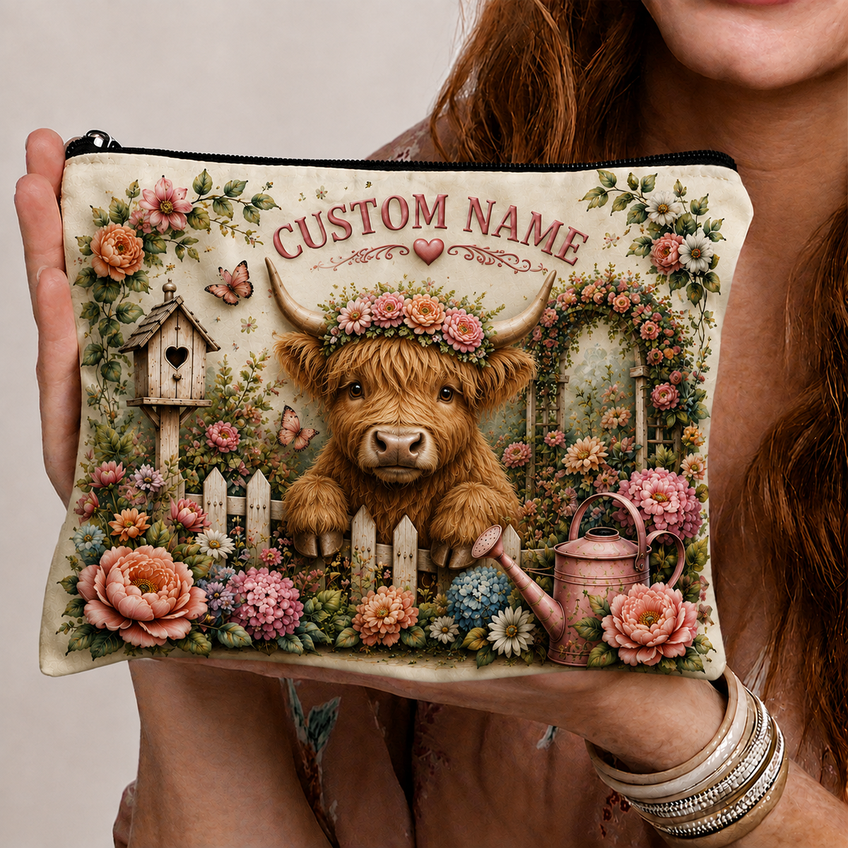 🌸Personalized Garden Animal Embossed  – Custom Name Floral Zipper Bag